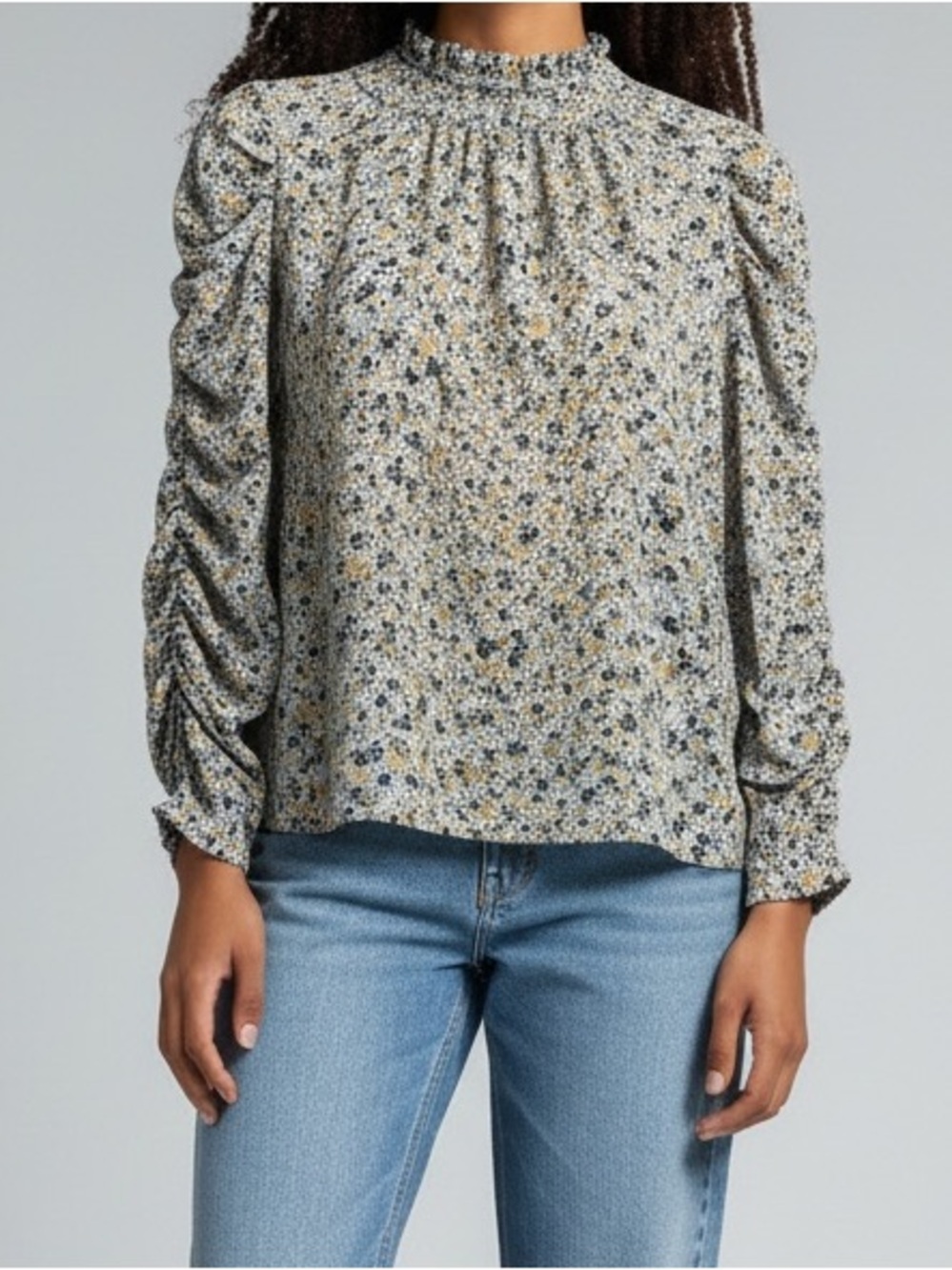 Max Studio Women's Long Ruffle Neck Sleeve Boat Neck Blue Floral Top Size S Boho
